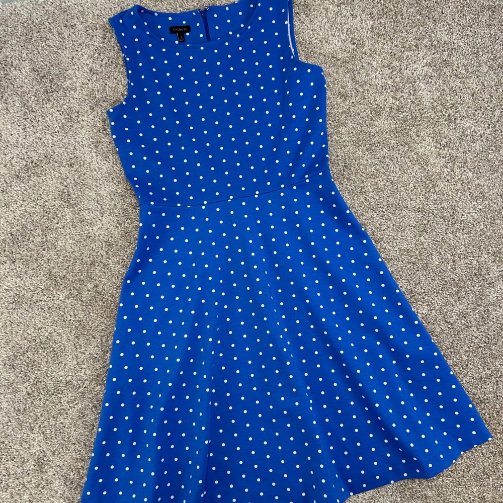 Talbots Sleeveless Fit And Flare Dress Blue White Polka Dot Women Size Small